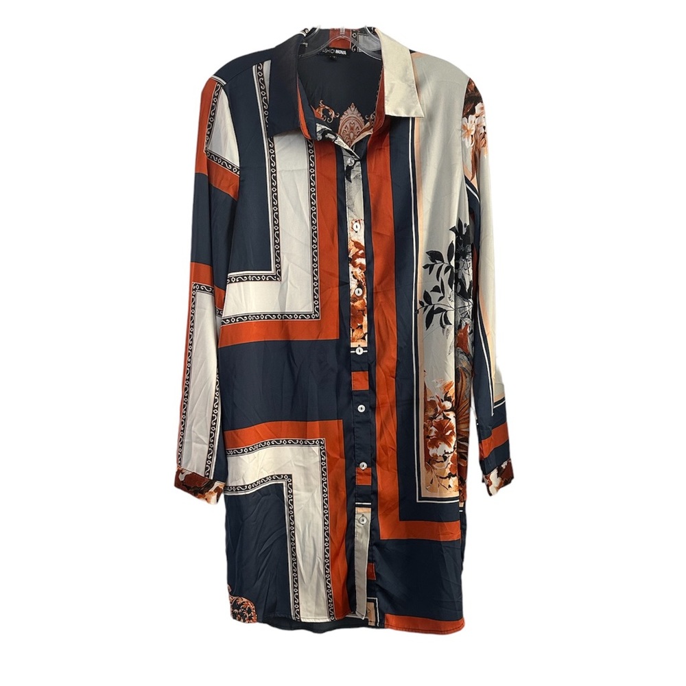 Fashion Nova Scarf Print Shirt Dress Blue Orange and White Size S
